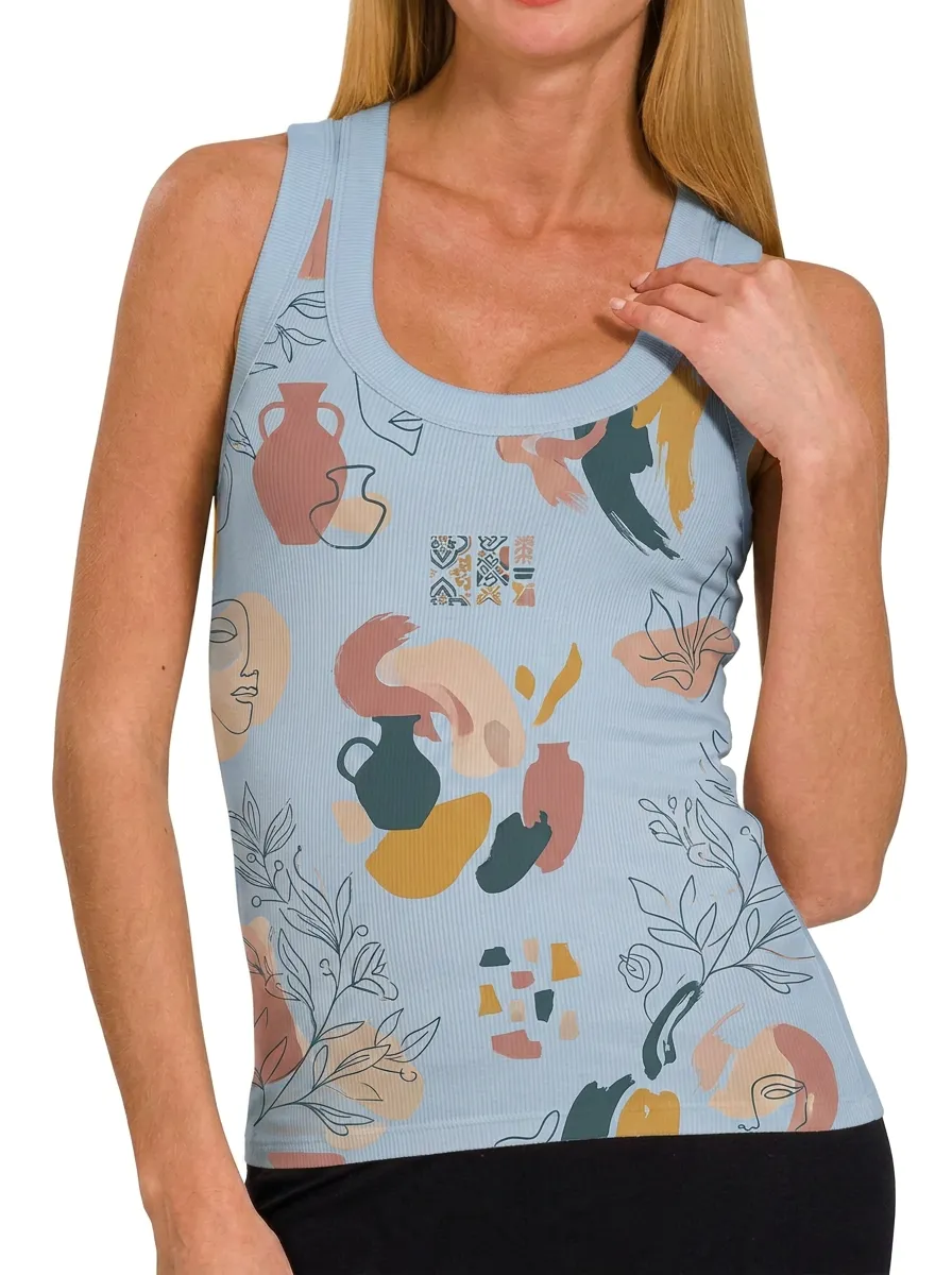 Women's Abstract Vase Botanical Art Printed Ribbed Tank Top