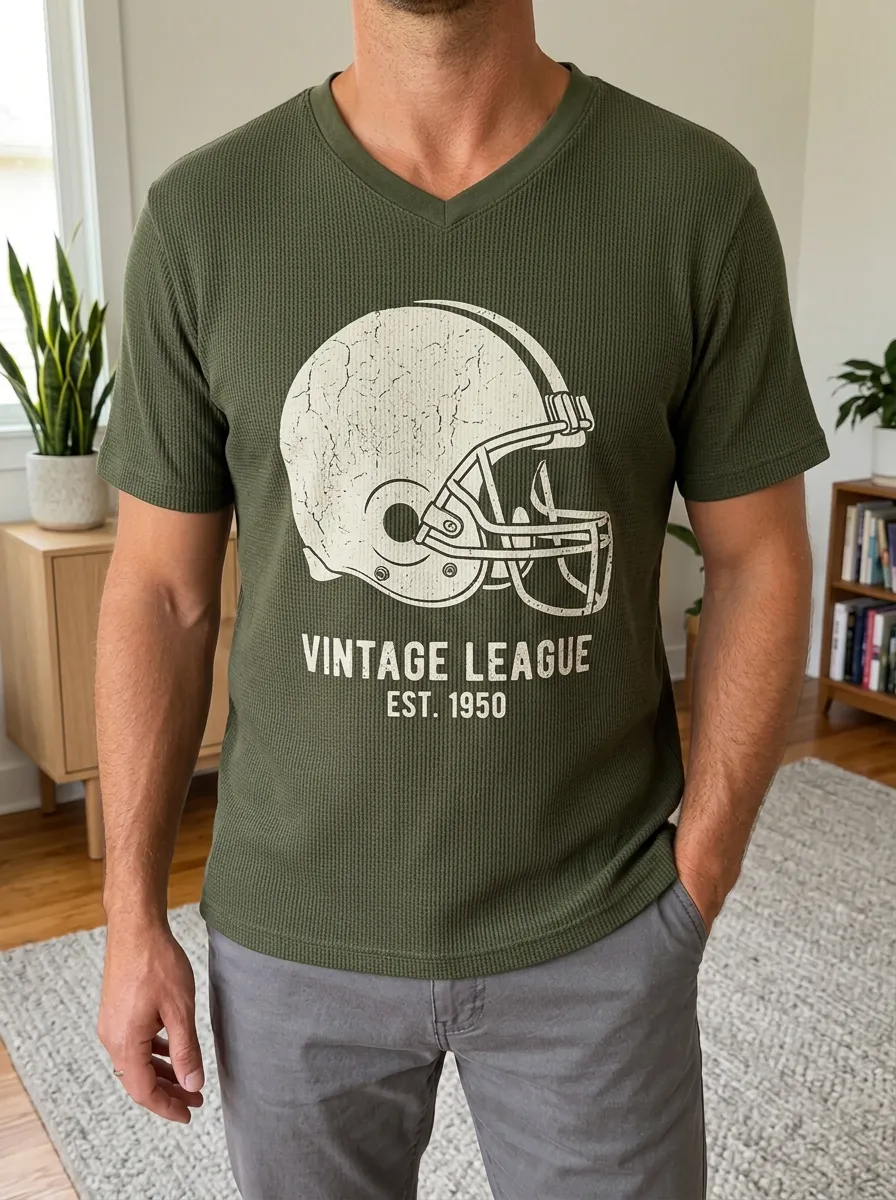 Men's Football Lover Vintage League Helmet Printed Waffle V-Neck Shirt