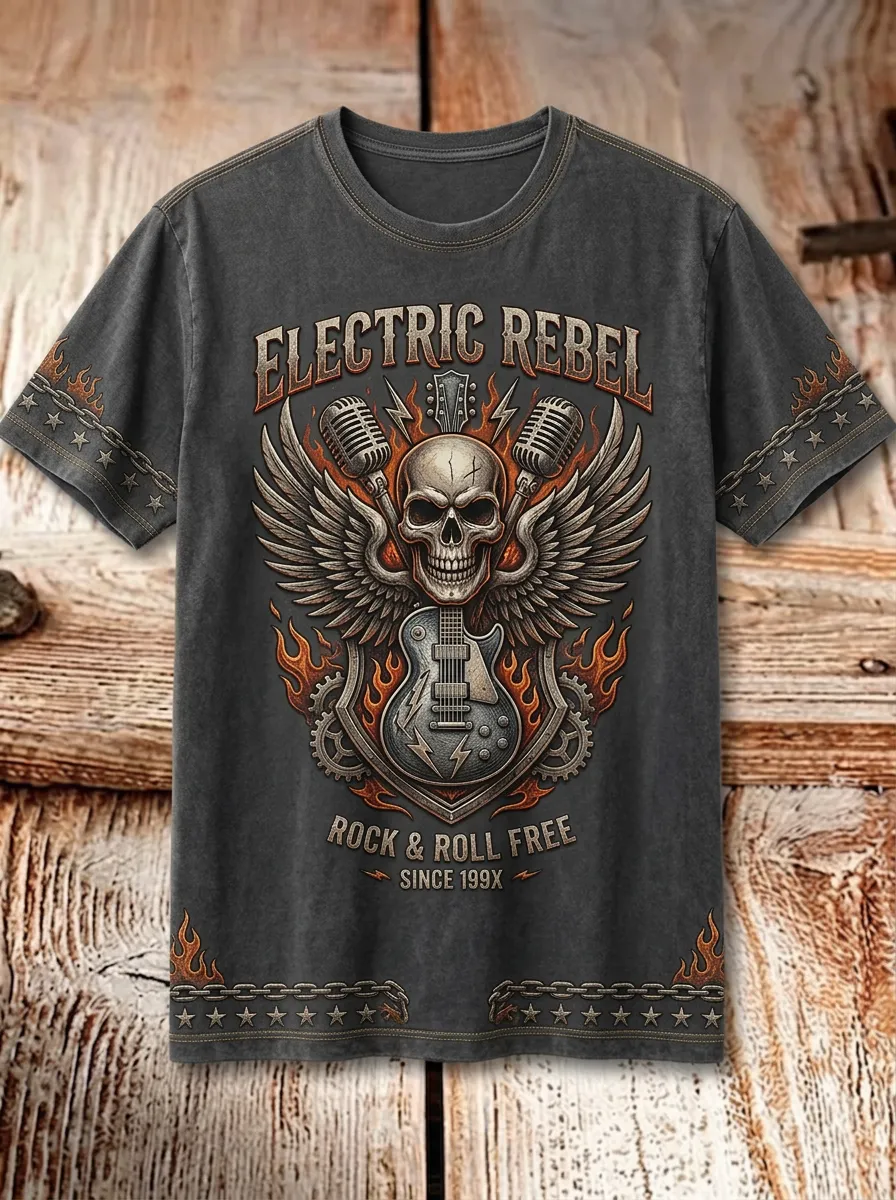 Men's Rock Music Skull Guitar Wings Printed T-shirt