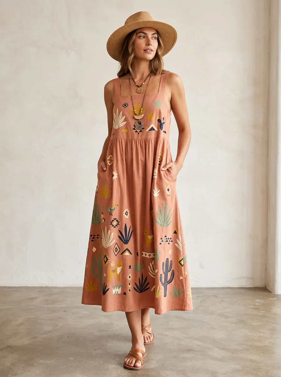 Boho Desert Cactus Animal Midi Dress