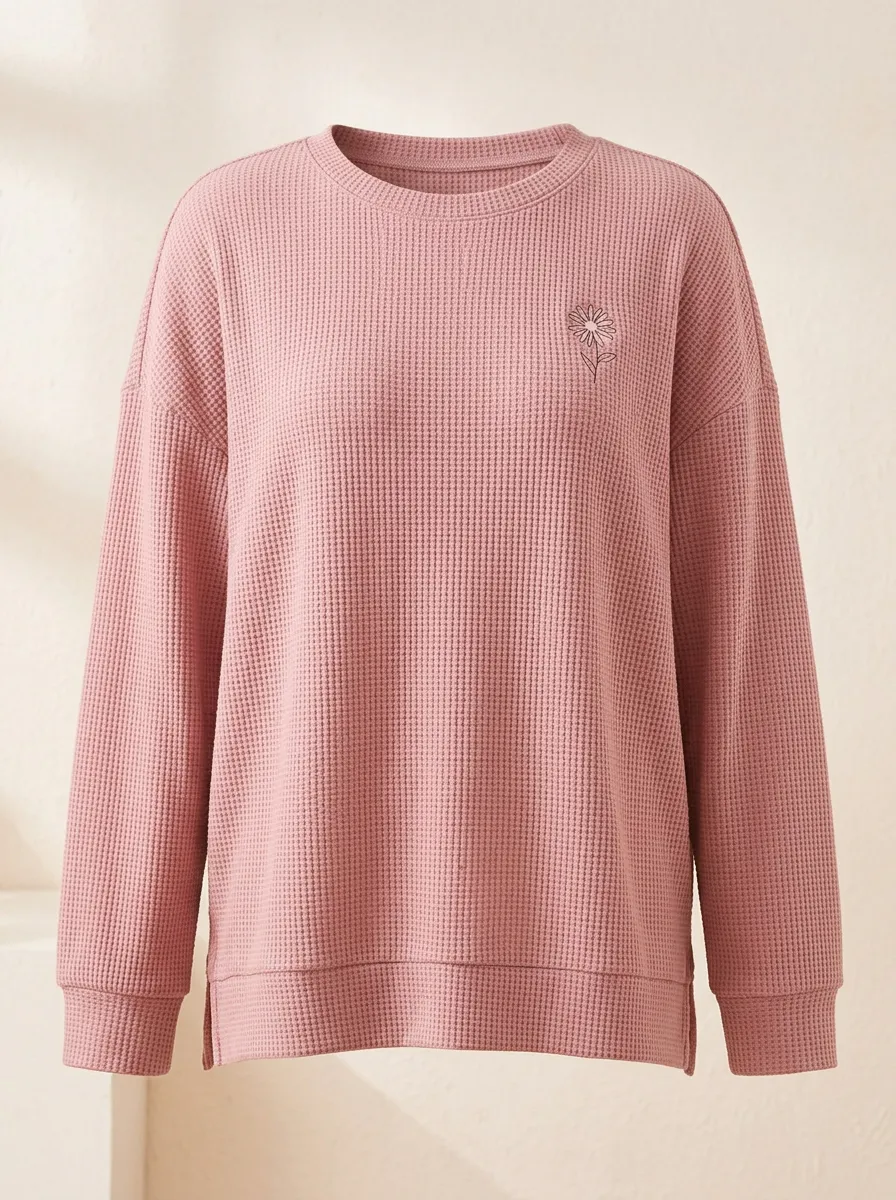 Women's Minimalist Floral Daisy Printed Waffle Knit Sweatshirt