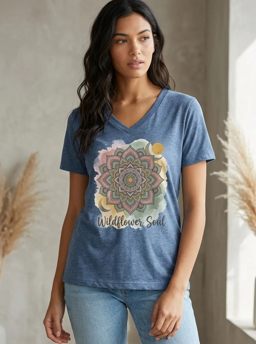 Women's Wildflower Soul Mandala Watercolor Printed V-neck T-shirt