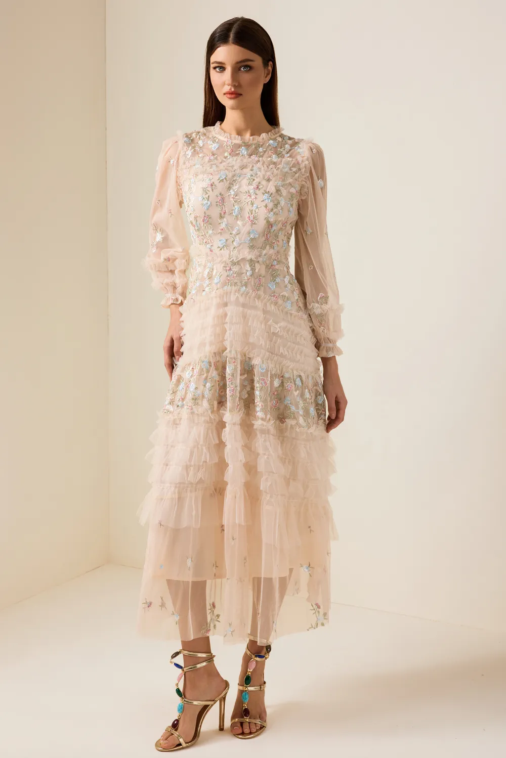 Mesh Embroidered Frill Midi Dress