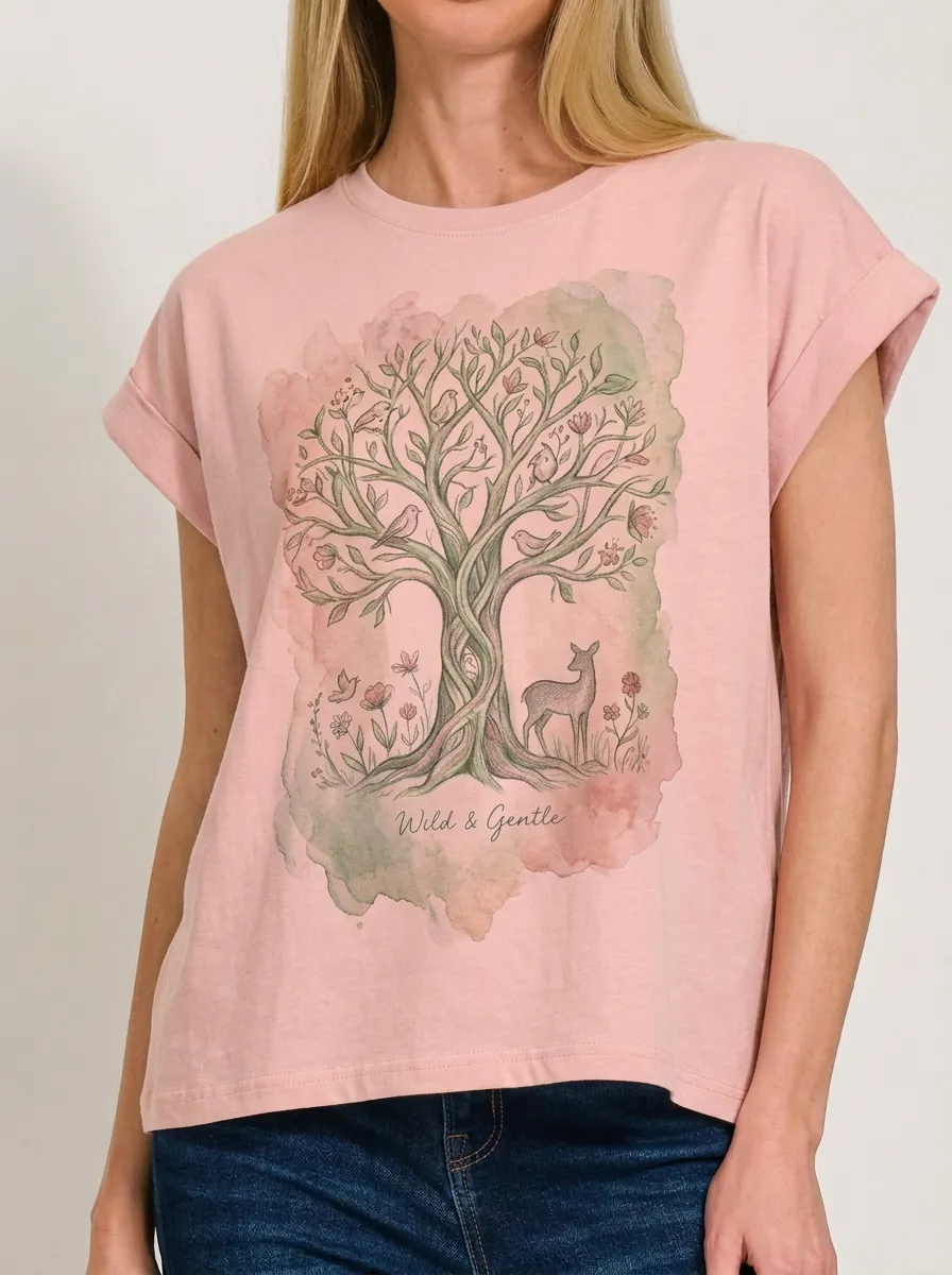 Women's Nature Lover Deer Tree Watercolor Printed T-shirt