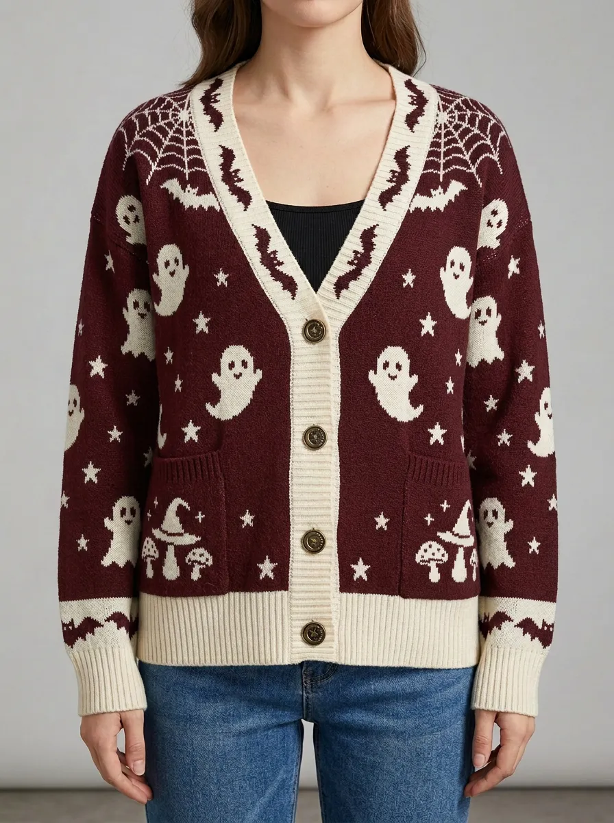 Women's Halloween Ghost Bat Mushroom Pattern Knitted Cardigan