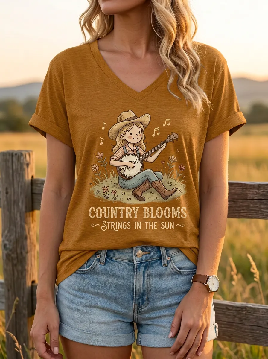 Western-Inspired Music-Themed Women's Country Music V-Neck T-Shirt