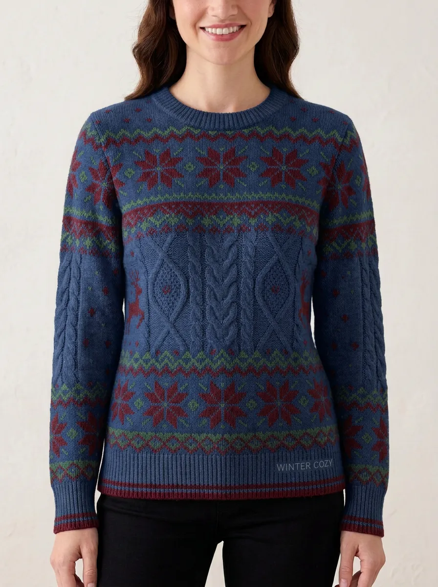 Festive Christmas Holiday Reindeer Snowflake Pattern Print Sweater