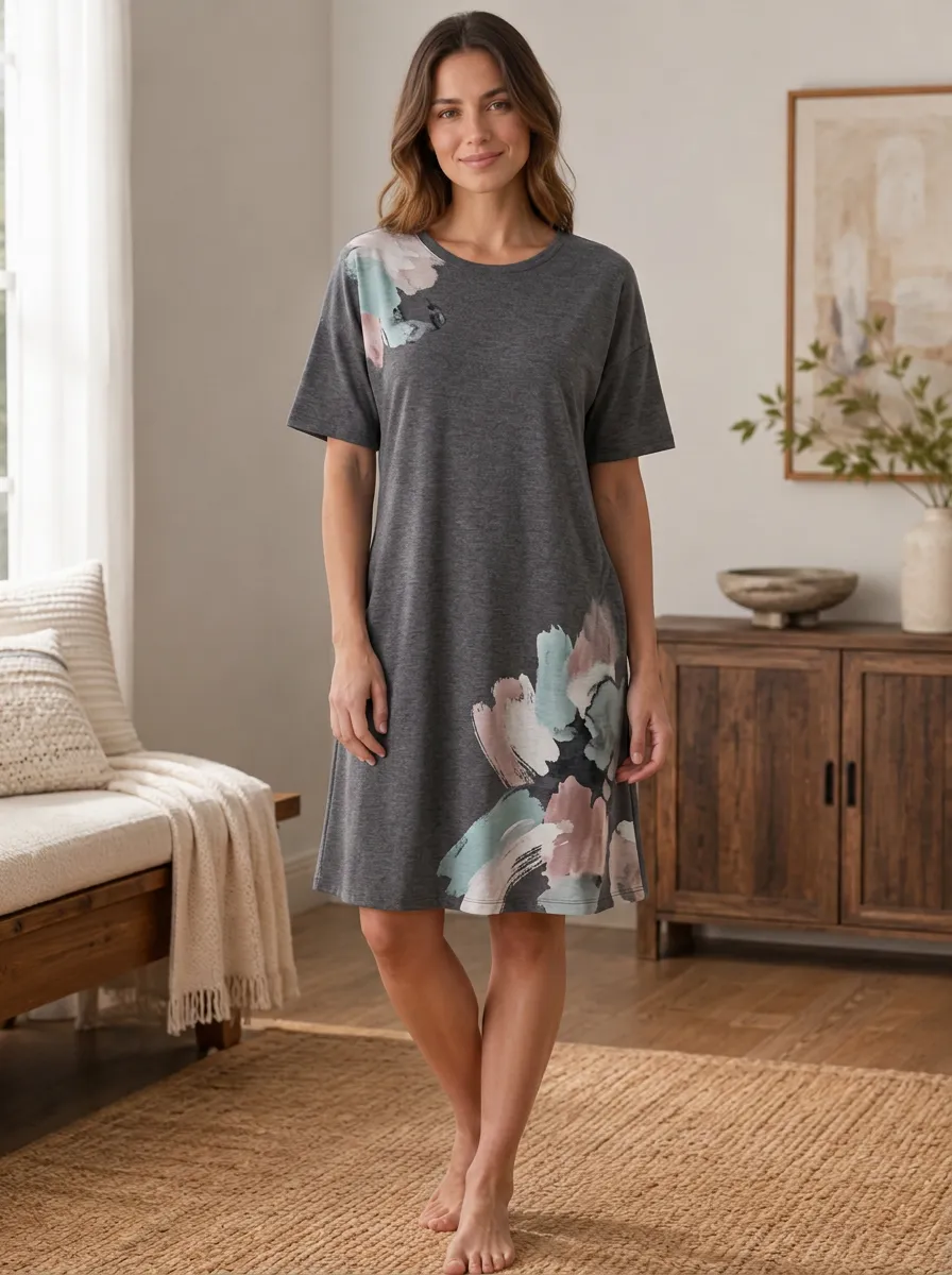 Women's Casual Abstract Floral Watercolor Printed T-shirt Dress