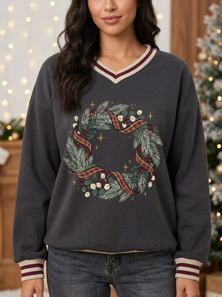 Christmas Holiday Plaid Wreath Print Sweatshirt