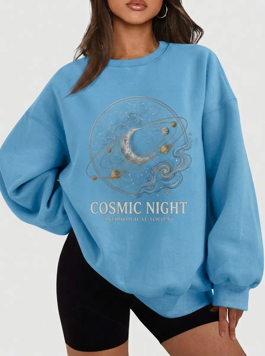 Women's Astrology Cosmic Night Moon Planet Printed T-shirt