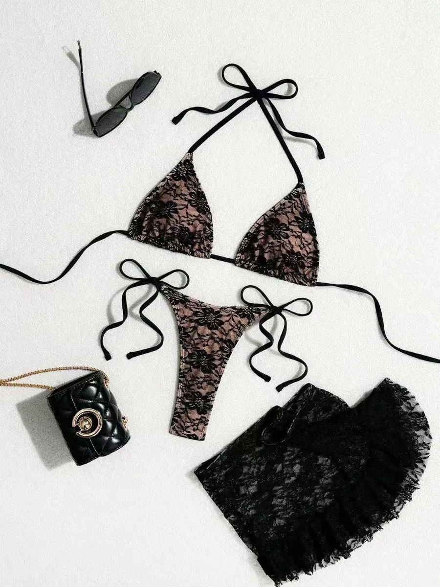 Inara Lace Tie-Up Bikini Three-Piece Set