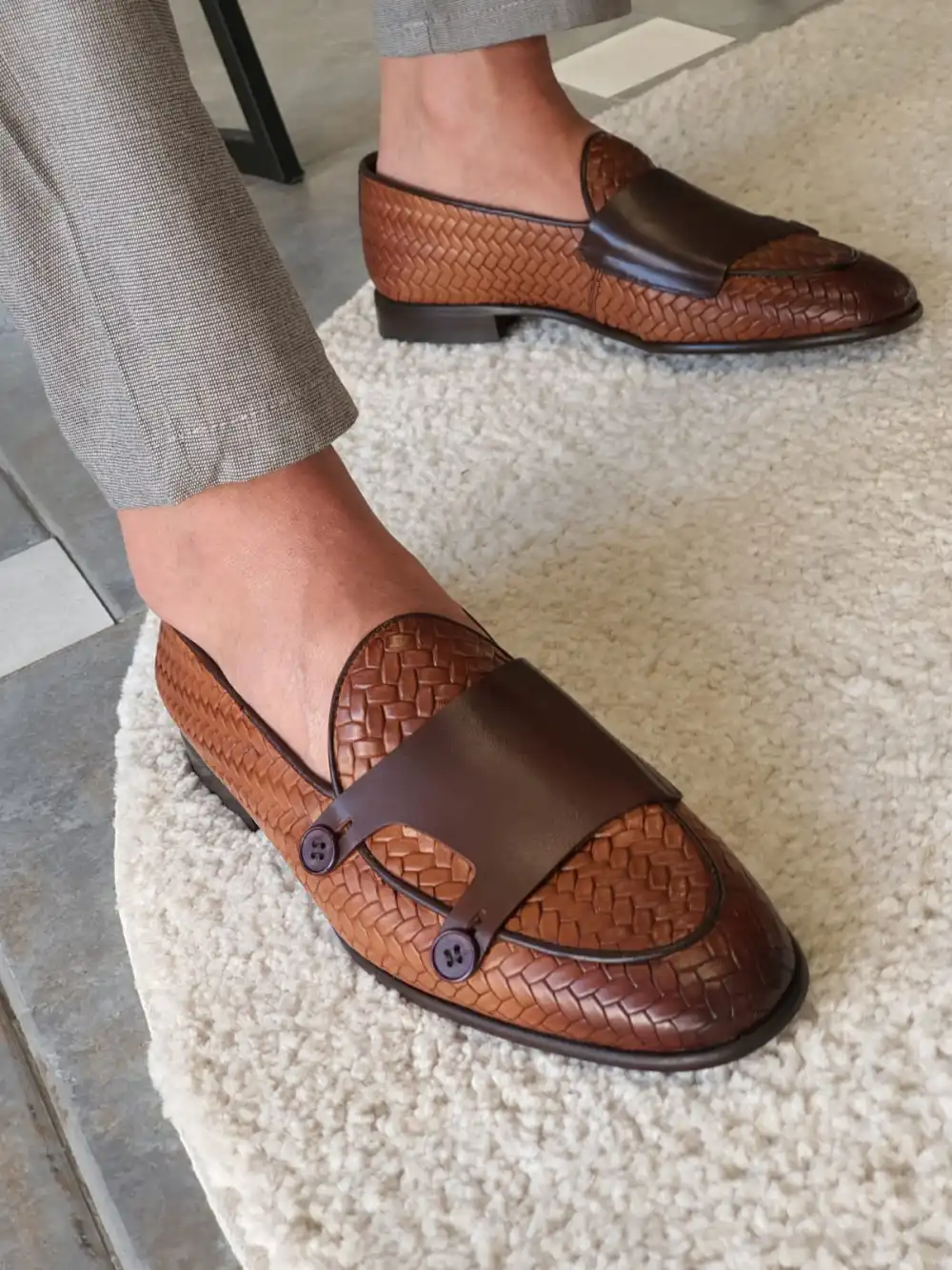 Woven Leather Double Monk Strap Loafers