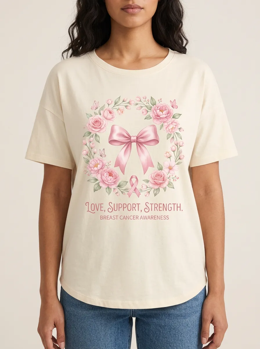 Women's Breast Cancer Awareness Floral Ribbon Bow Printed T-shirt