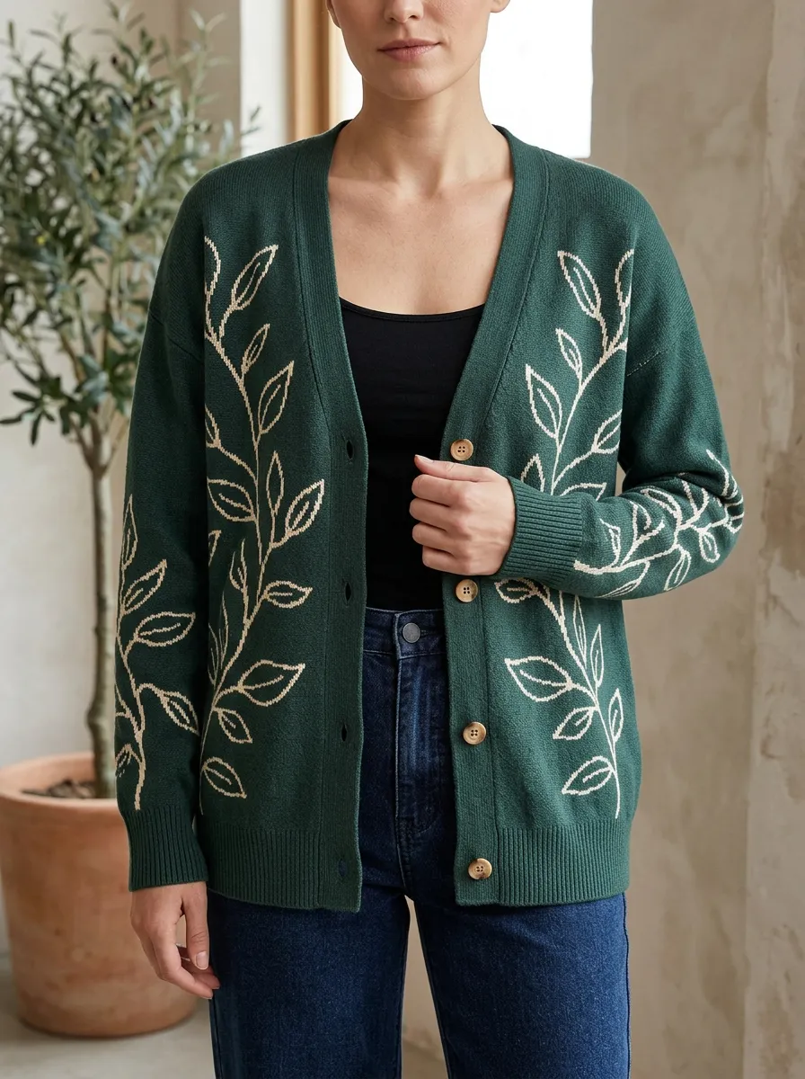 Women's Botanical Nature Lover Leaf Printed Dropped Shoulder Weekend Layering Cardigan
