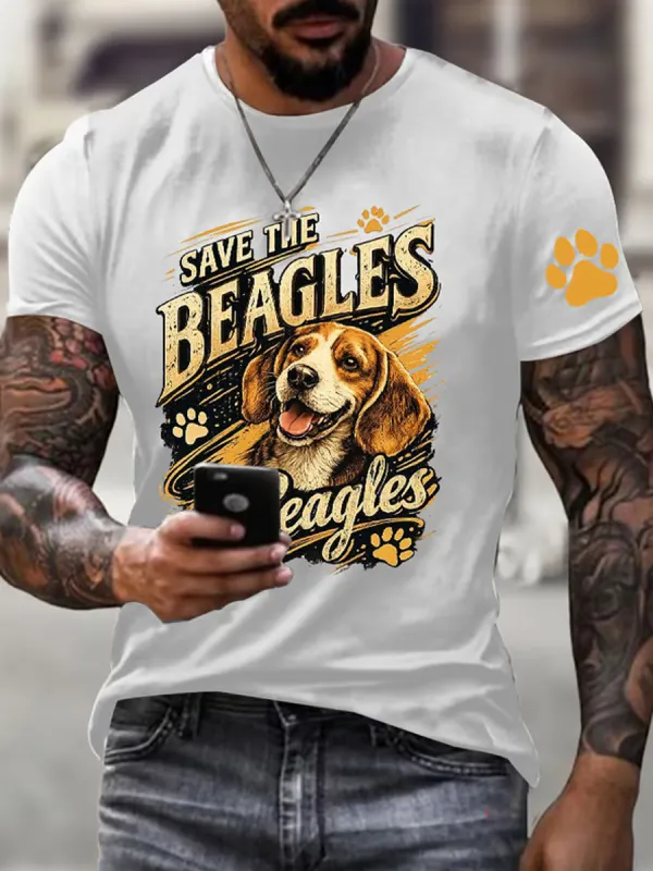 Men's Save The Beagles Print Round Neck T-shirt