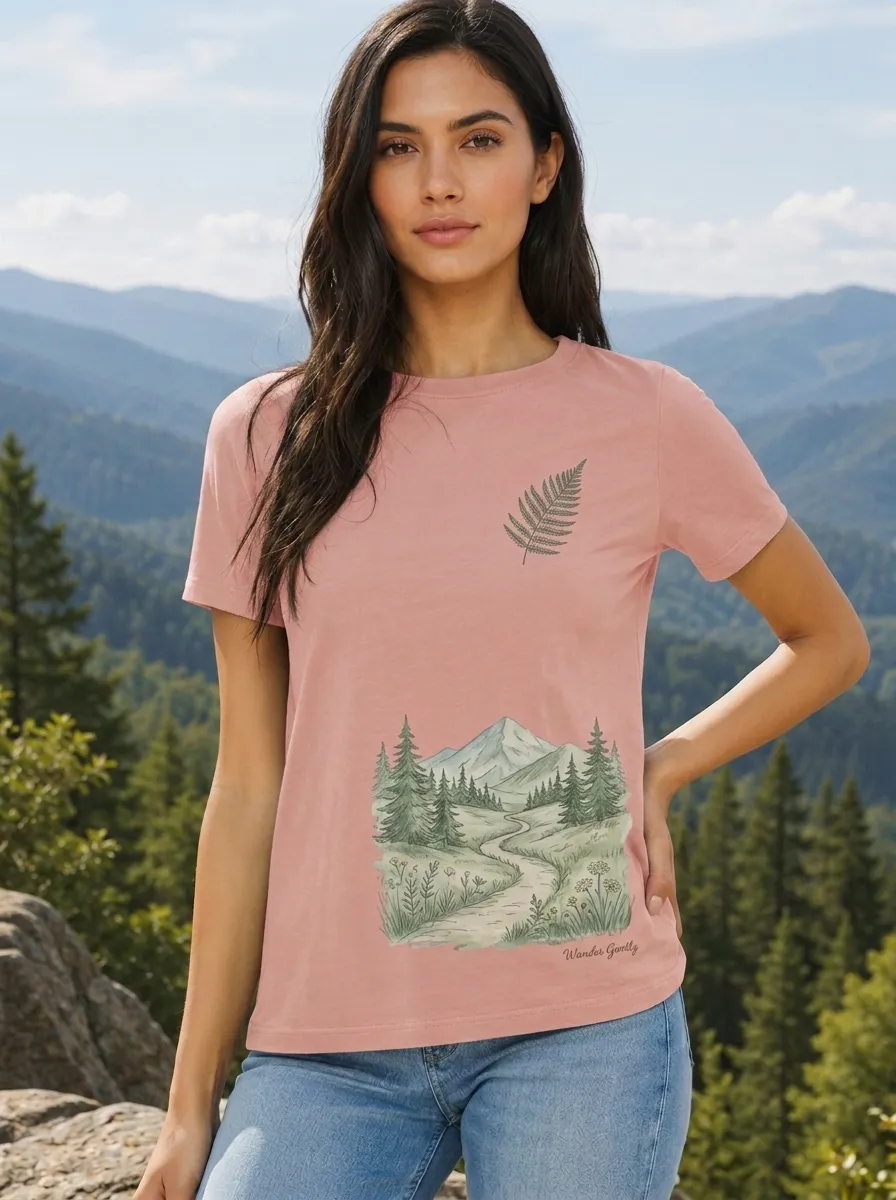Women's Nature Lover Mountain Forest Path Fern Printed T-shirt