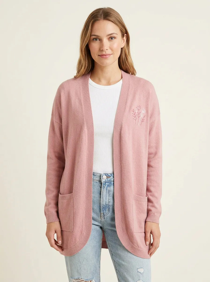 Pink Relaxed Floral Minimalist Embroidered Cardigan