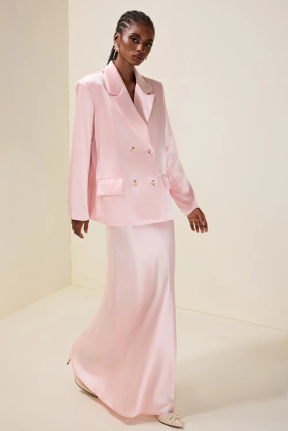 Solid Tailored Collar Blazer & High Waist Maxi Skirt Set