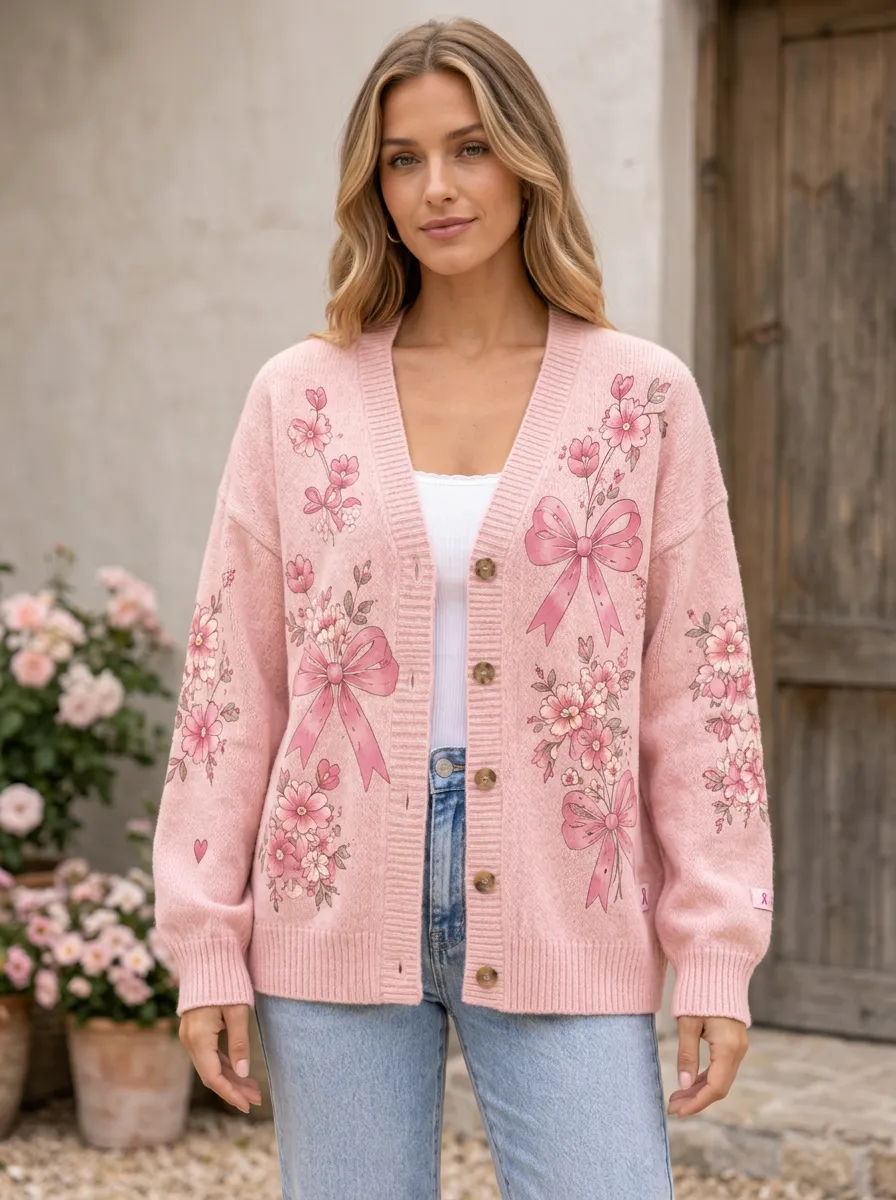 Women's Garden Inspired Floral Ribbon Bow Pattern Printed Cardigan