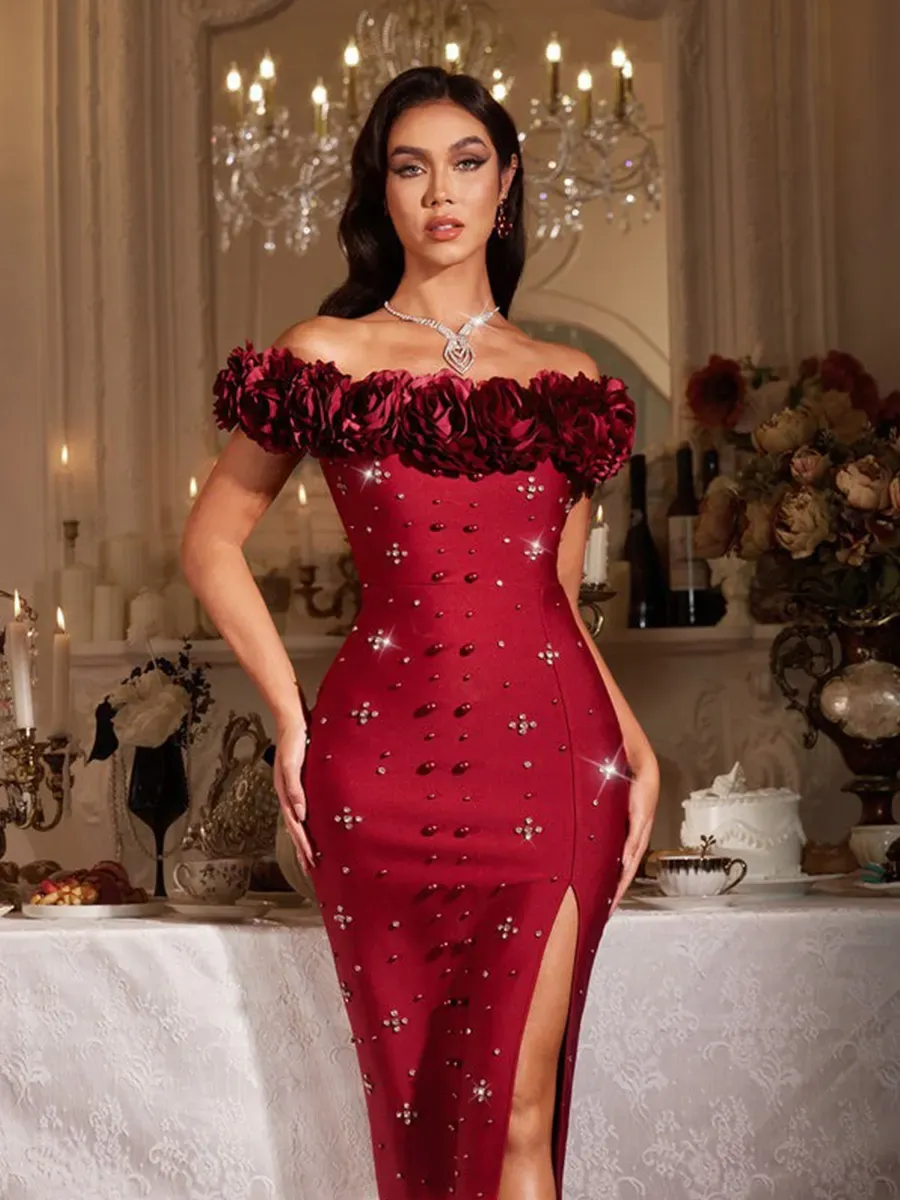 Mariella Off Shoulder Flower Bandage Maxi Dress