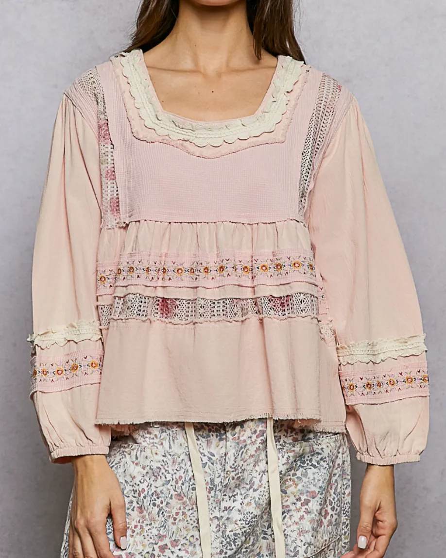 Romantic Lace Trim Tiered Square Neck Blouse