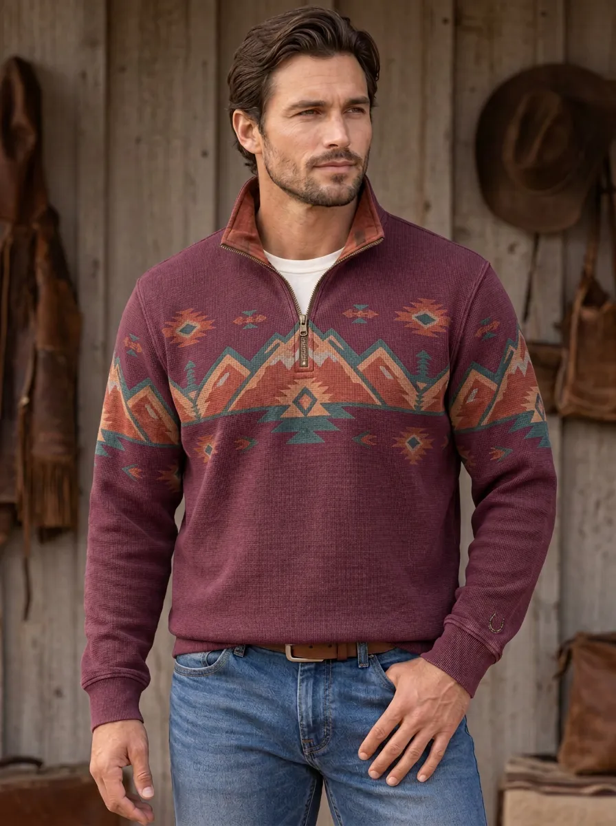 Men's Western Cowboy Mountain Geometric Half-Zip Sweatshirt