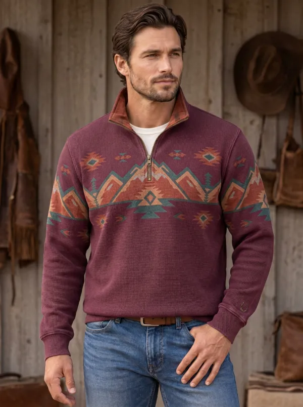 Men's Western Cowboy Mountain Geometric Half-Zip Sweatshirt