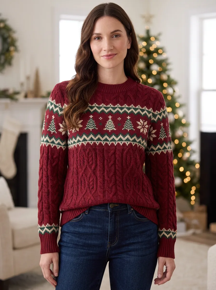 Evergreen Christmas Holiday Tree Snowflake Pattern Knitted Sweater