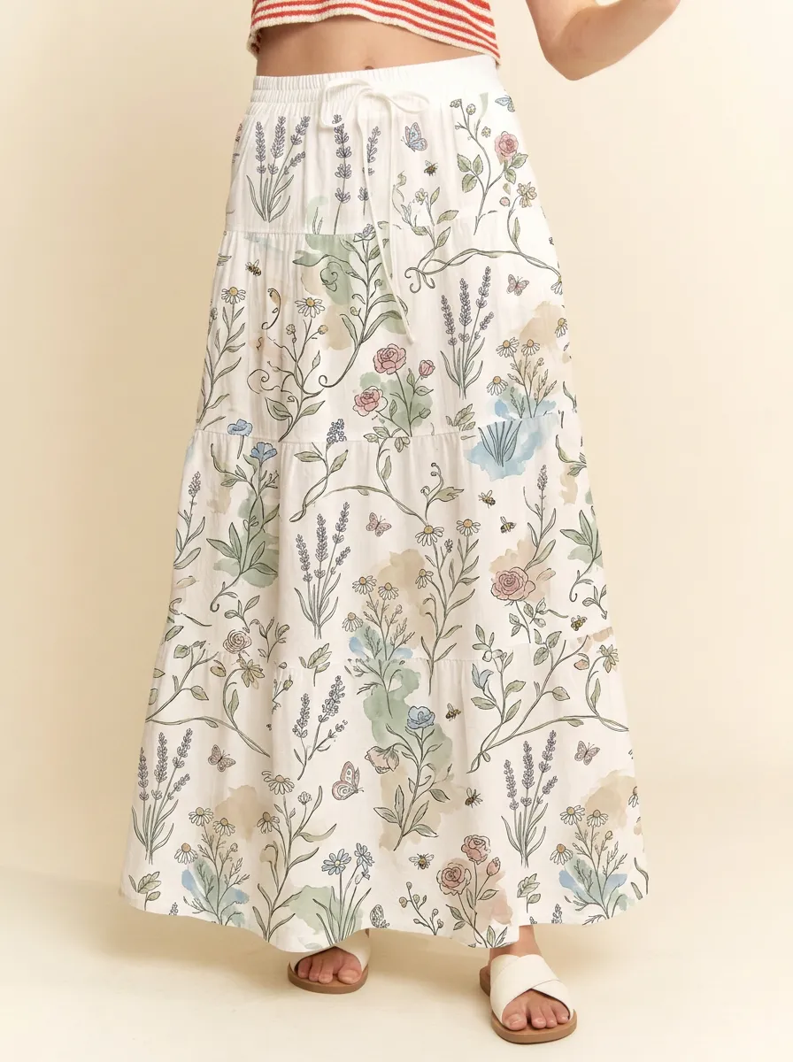 Women's Tiered Botanical Garden Floral Butterfly Printed Maxi Skirt