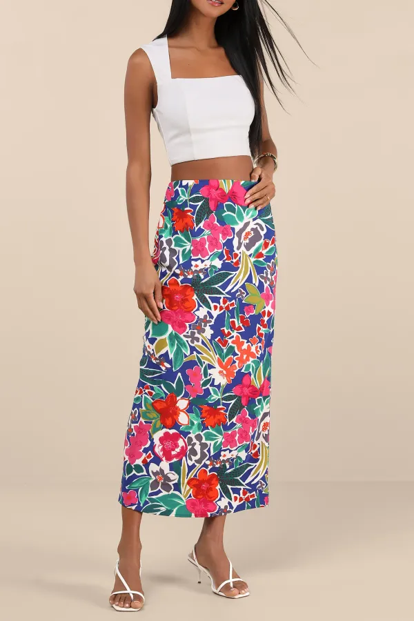 Casual Style Dark Blue Floral High-Rise Midi Skirt