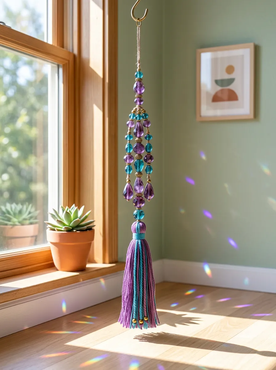 Boho Purple Teal Crystal Beaded Tassel Suncatcher