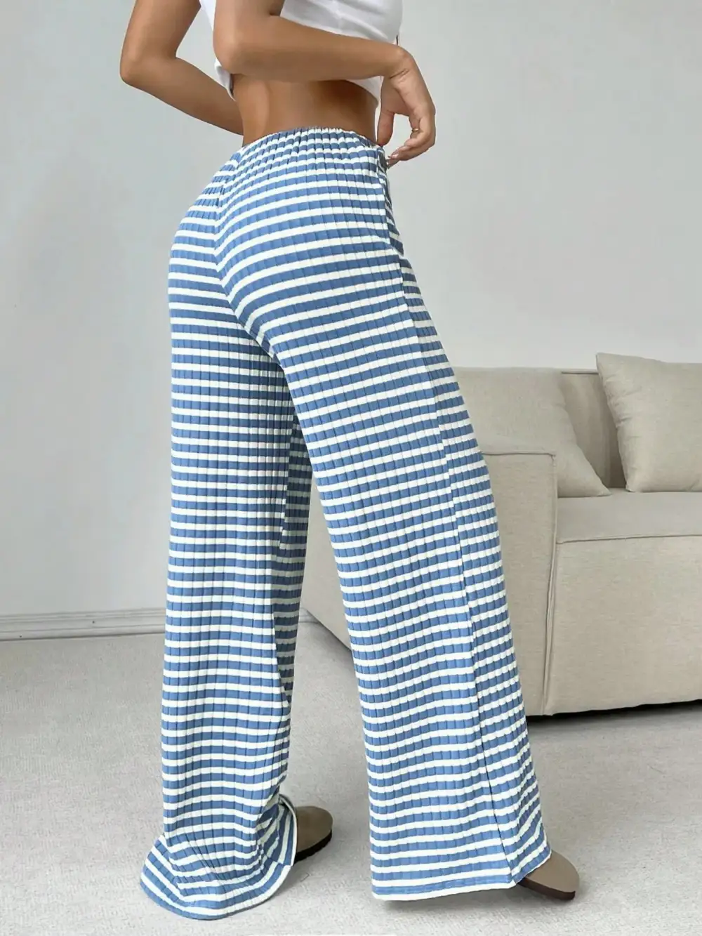 Wide Leg Drawstring Striped Casual Pants