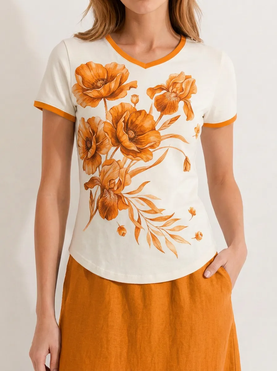 Women's Floral Lover Blue Poppy Iris Printed V-neck T-shirt