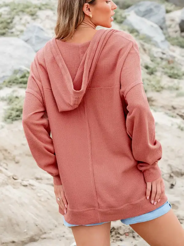 Drawstring Pocketed Waffle-Textured Knit Hoodie