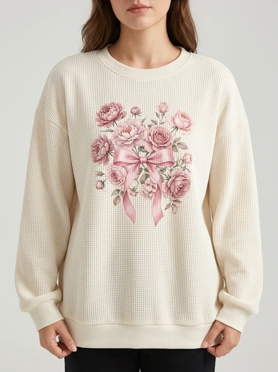 Graceful Ribbon Floral Women's Breast Cancer Awareness Waffle Sweatshirt