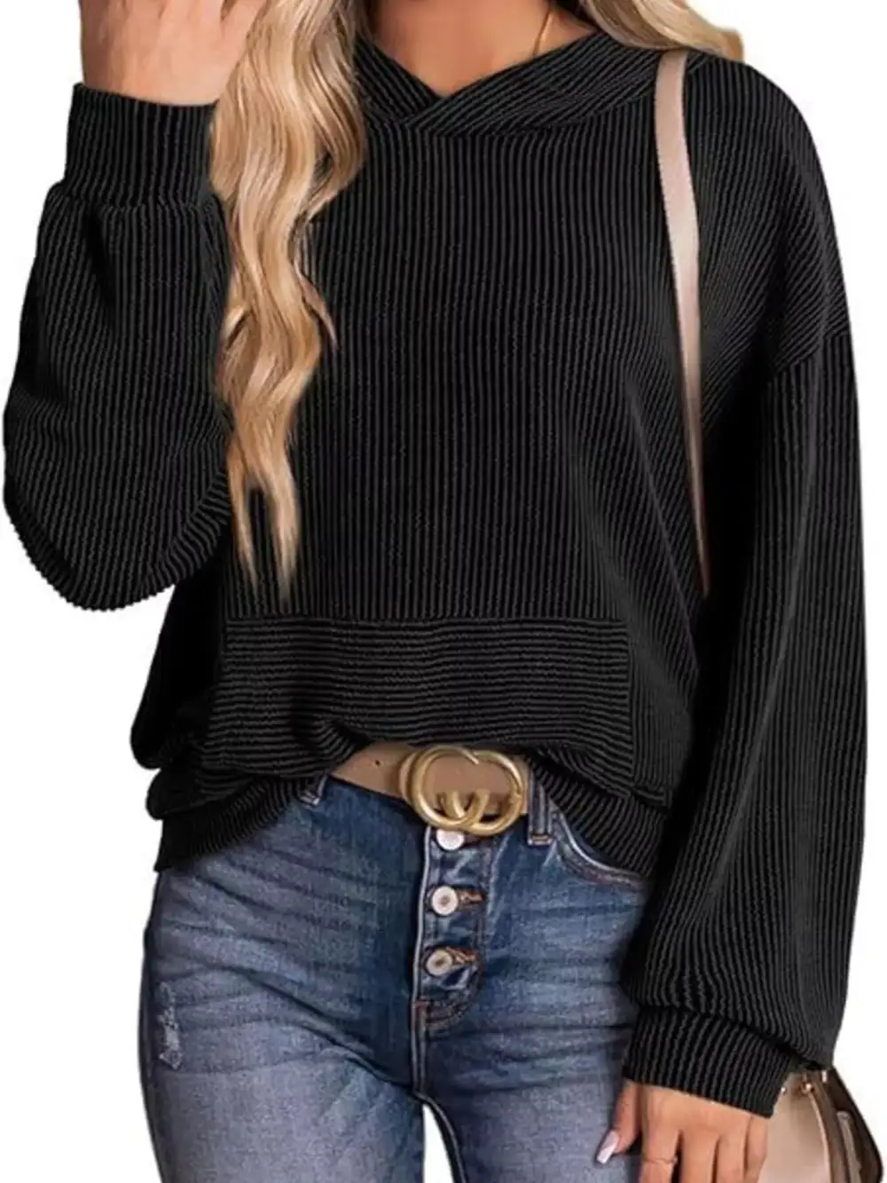 Pocketed Oversized Ribbed Hoodie