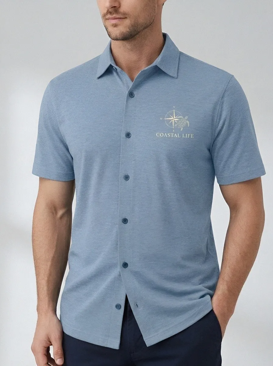 Men's Coastal Life Sea Turtle Compass Printed Button-Down Shirt