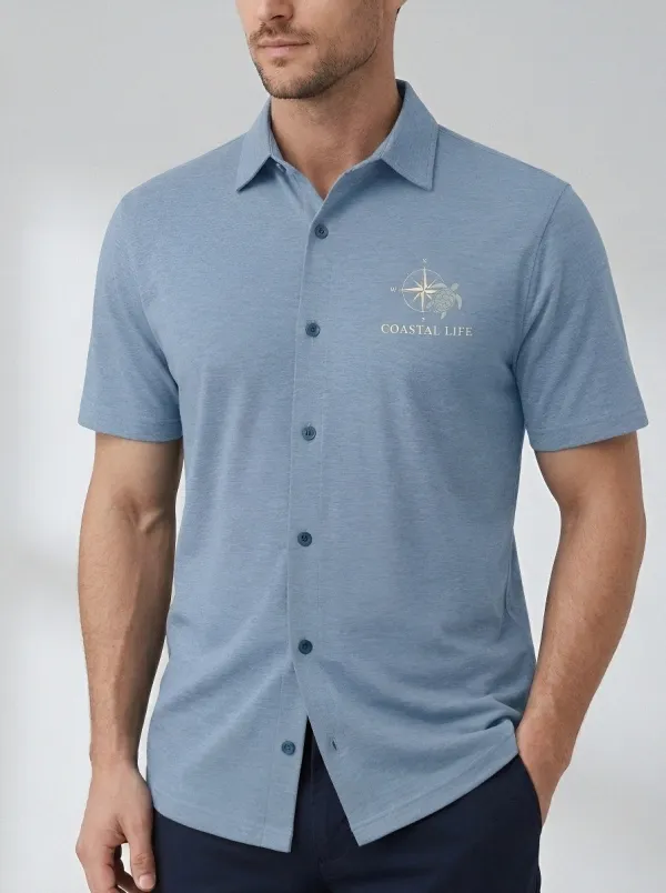Men's Coastal Life Sea Turtle Compass Printed Button-Down Shirt