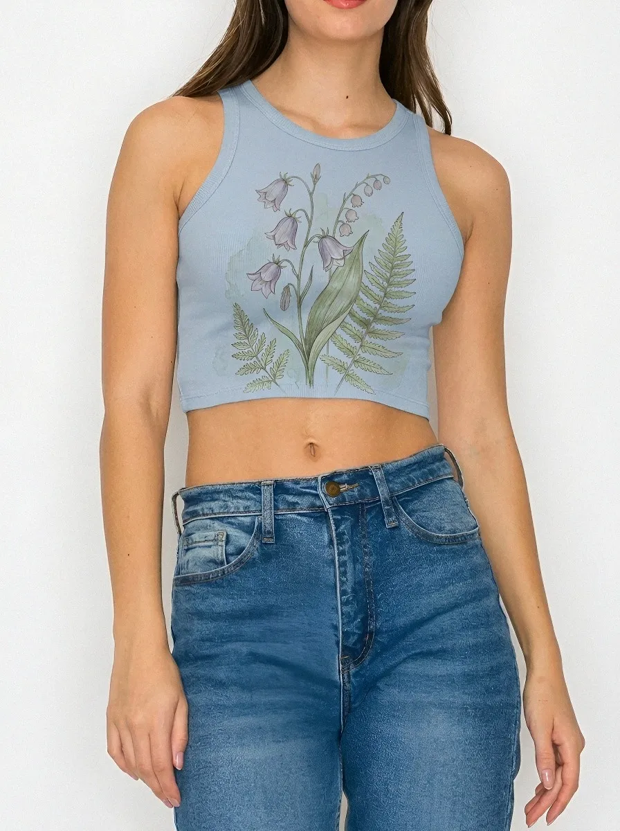 Women's Botanical Nature Lover Bellflower Fern Printed Crop Top