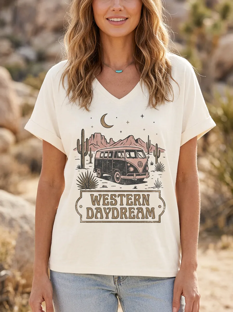 Women's Western Daydream Desert Van Cactus Printed V-Neck T-Shirt