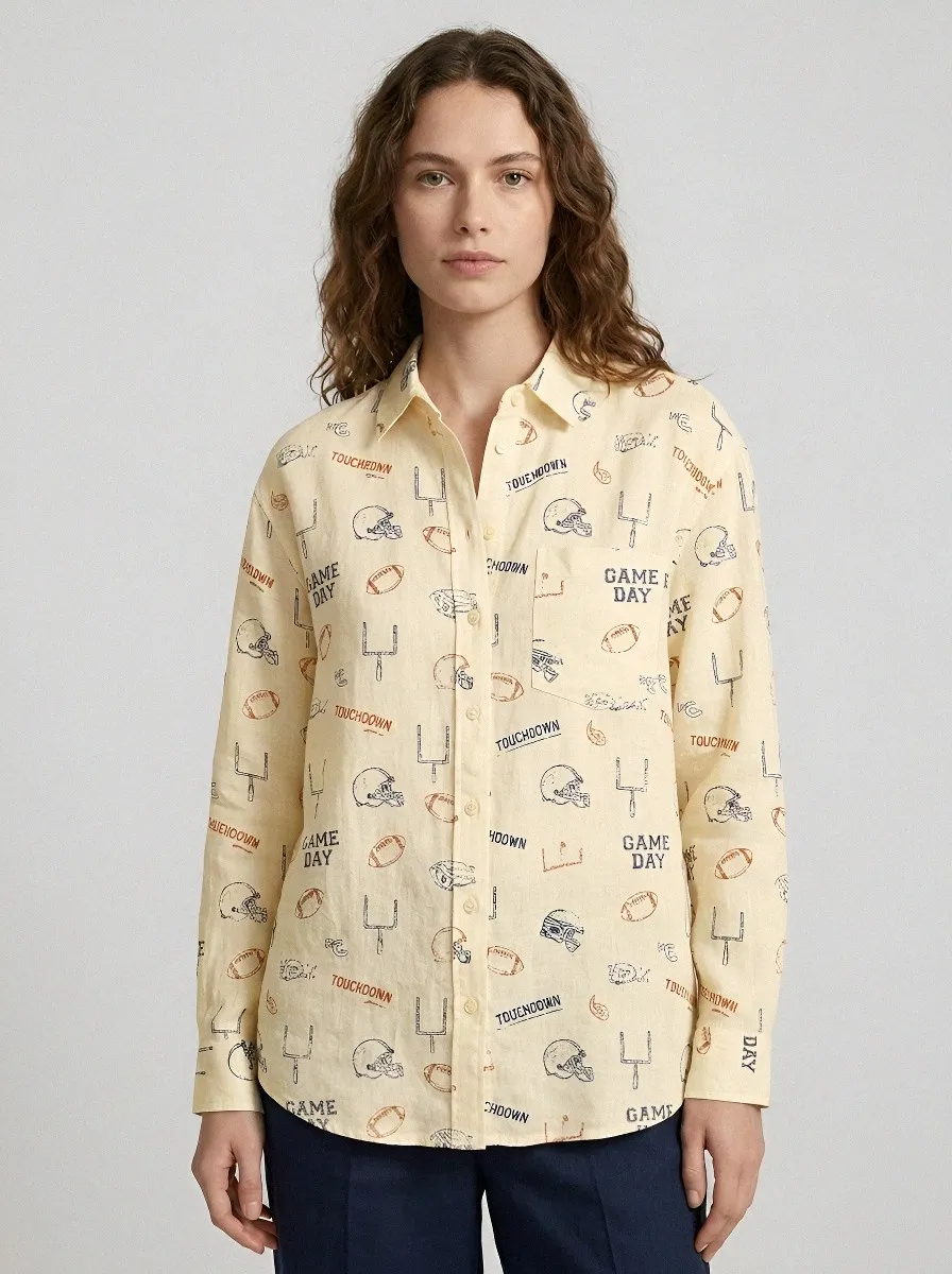 Women's Football Fan Game Day Touchdown Printed Button-up Shirt