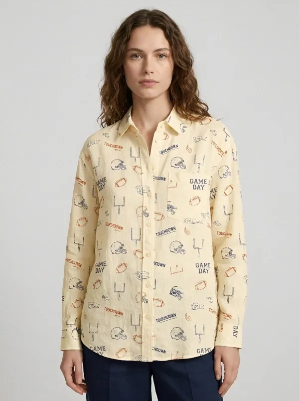 Women's Football Fan Game Day Touchdown Printed Button-up Shirt