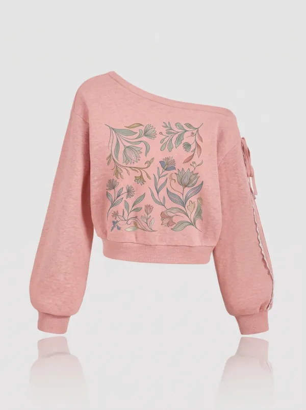 Women's Botanical Floral Art Printed One-Shoulder Sweatshirt
