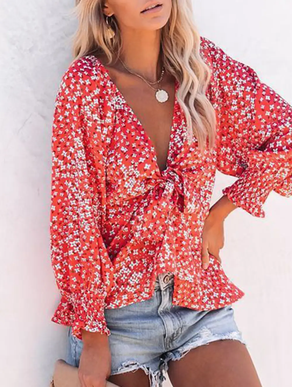 Floral Print V Neck Tie Waist Blouse