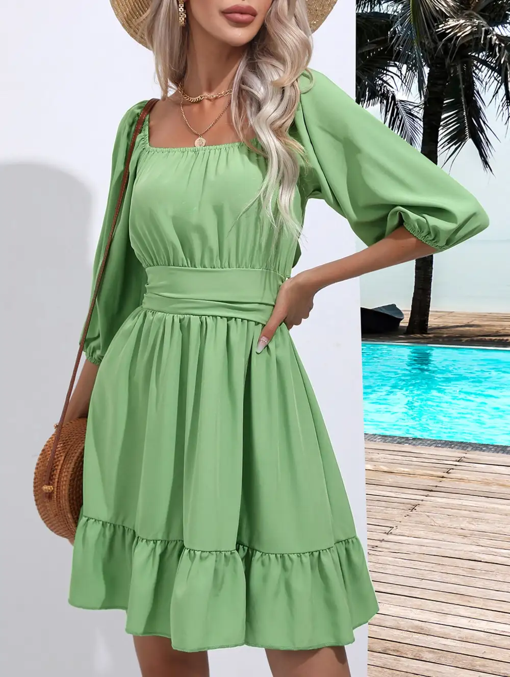 Square Neckline Ruffled Tie Up Mini Dress