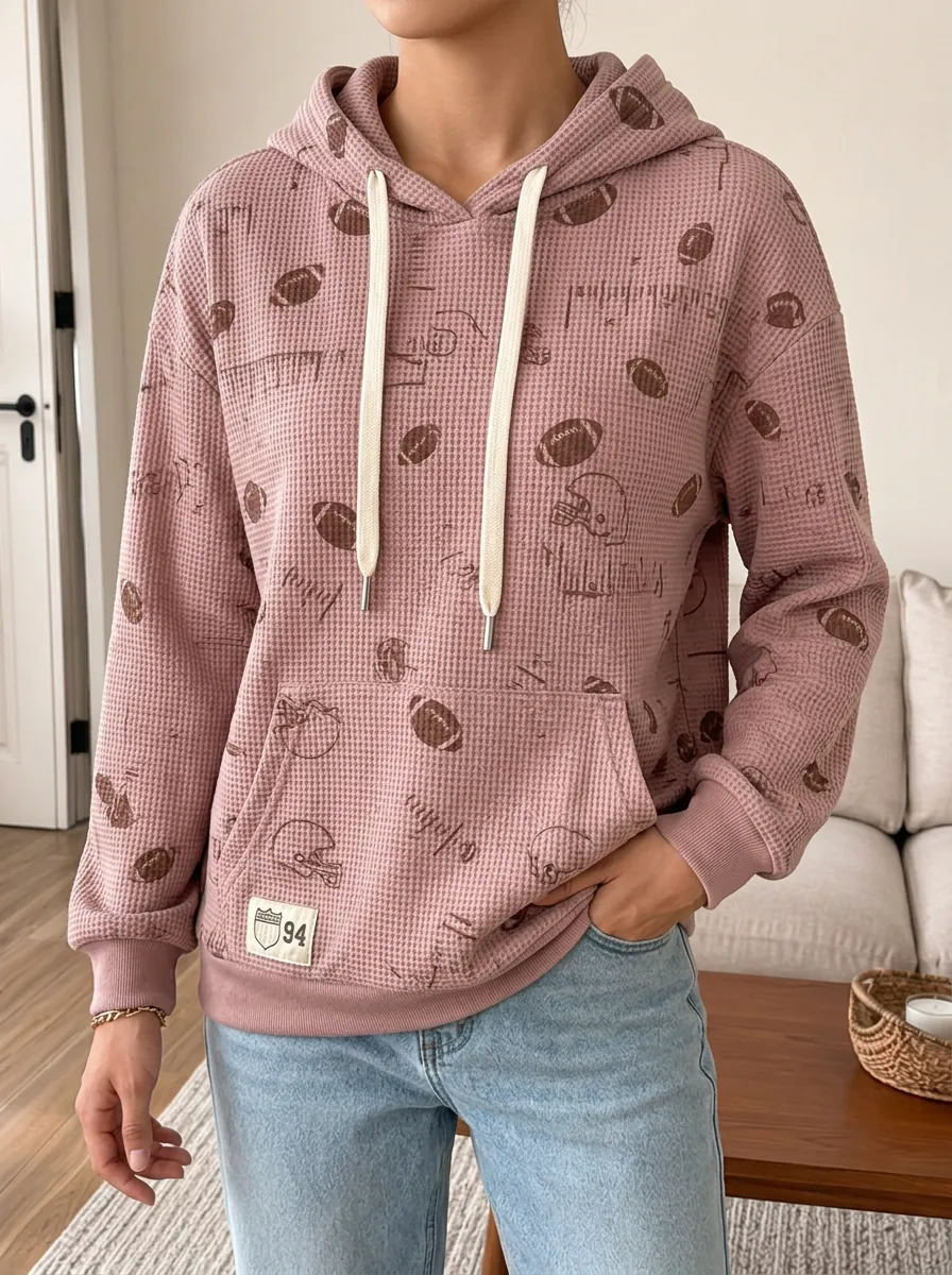 Women's Football Fan American Football Helmet Printed Waffle Hoodie