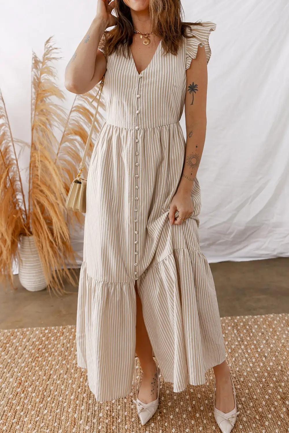 Stripe Flutter Sleeve Buttoned Front Slit Maxi Dress