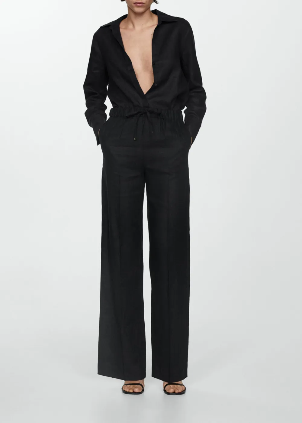 Linen-Blend Elastic Waist Trousers