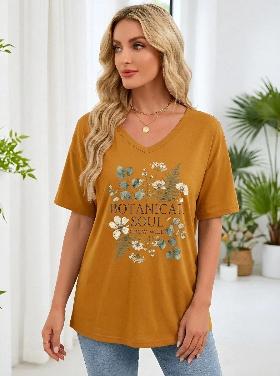 Women's Botanical Soul Nature Lover Floral Printed V-neck T-shirt