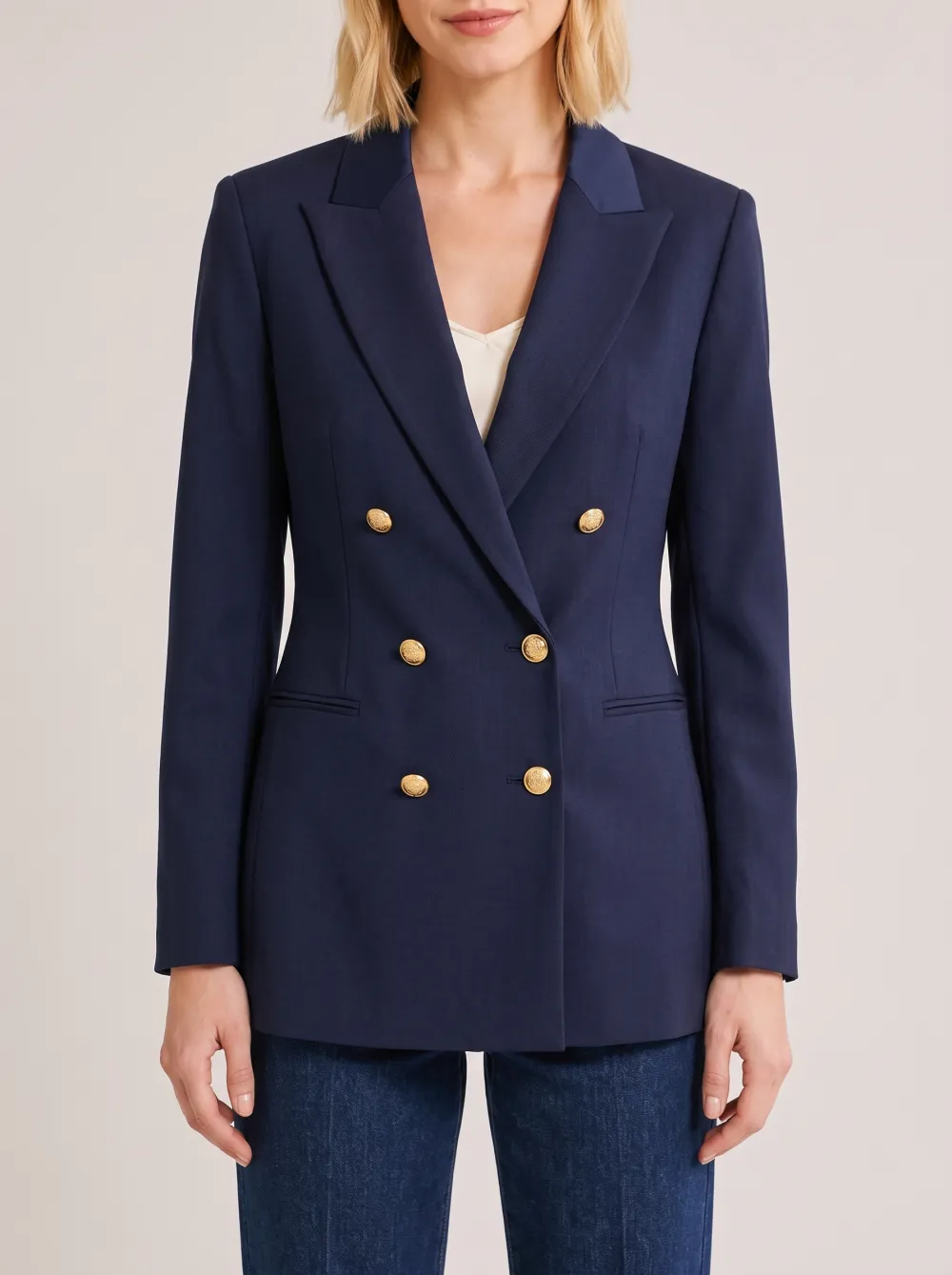 Women's Navy Blue Double-Breasted Gold Button Blazer Jacket
